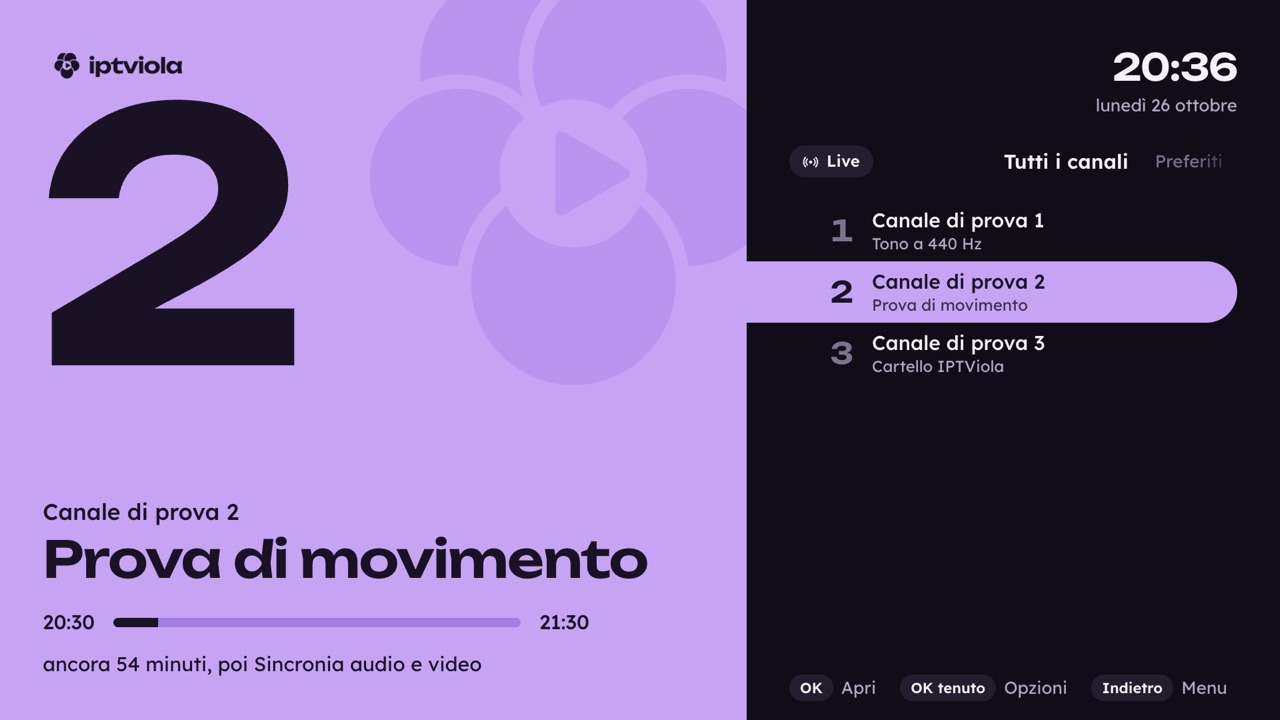 La lista dei canali di IPTViola su un televisore, con il canale selezionato a sinistra e l'elenco a destra