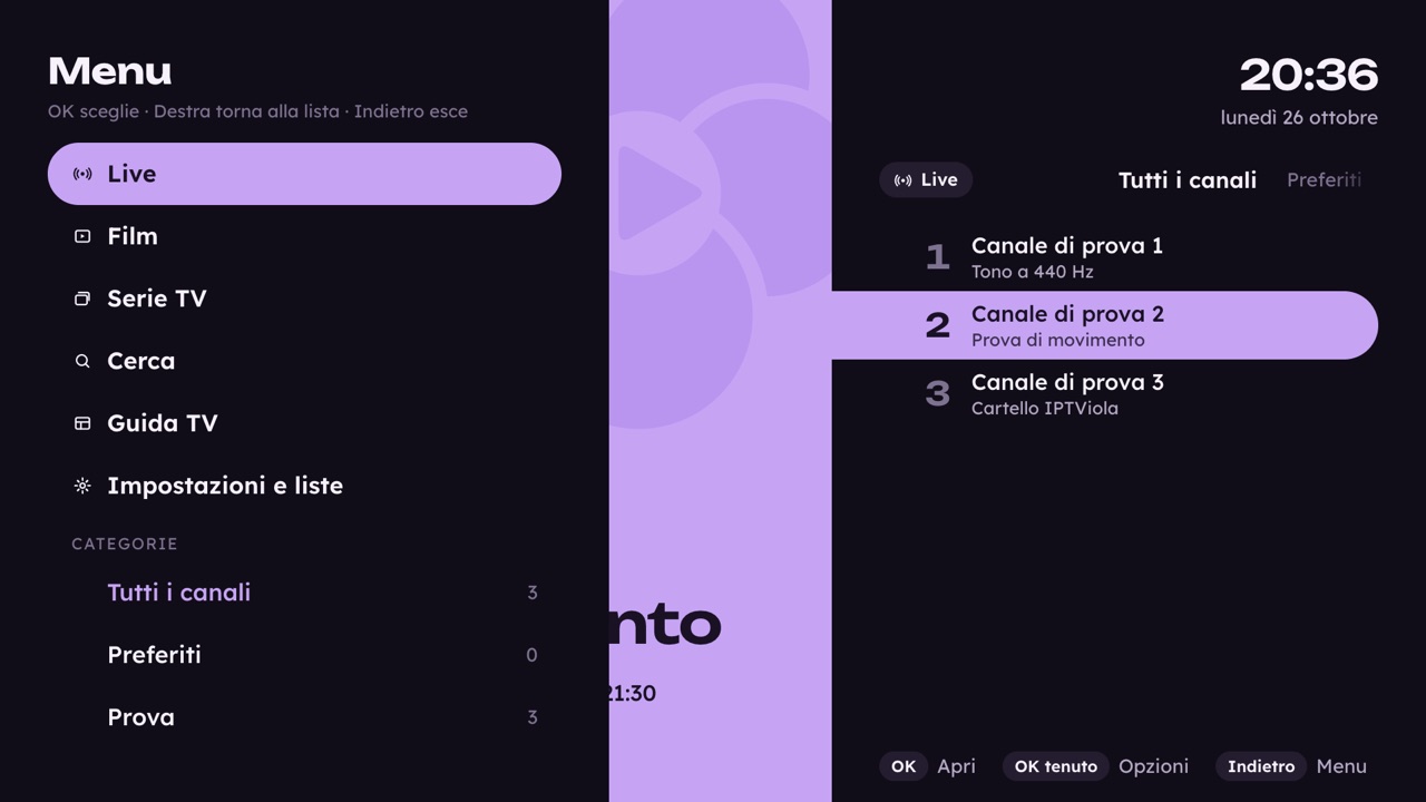 Il menu con Live, Film, Serie TV, ricerca e impostazioni